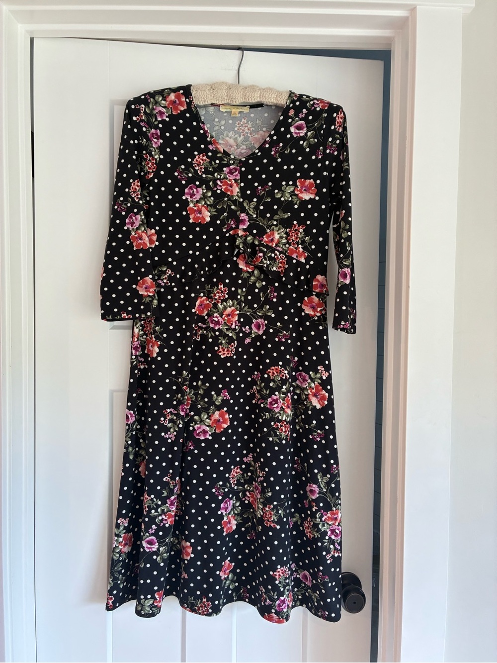 Mimi & Daphne Black Floral & Polka Dot Midi Dress long sleeve med soft stretchy
